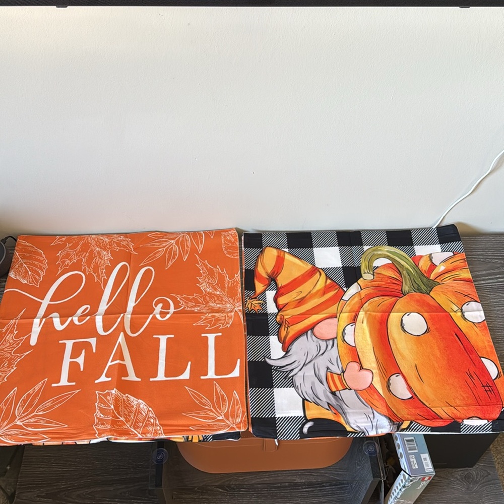 Set of 4 Fall pillowcases featured gnomes from Amazon. Approx 18in unused.